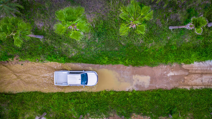 Aerial view off road pick up 4WD car vehicle, Pick up car 4WD wheel drive off road.