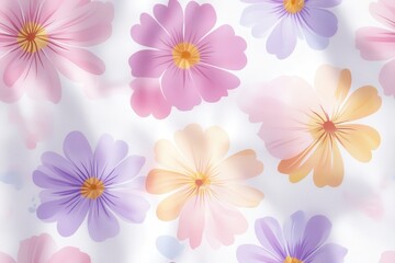 A vibrant pattern featuring stylized flowers in soft pastel colors on a light background.