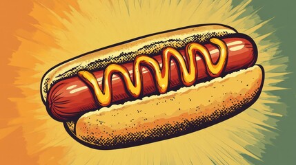 A classic hot dog illustration, featuring a juicy grilled hot dog in a soft bun with ketchup and mustard drizzled on top.