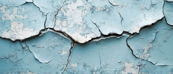 Obraz premium A wall with cracks and holes in it. The wall is blue and white. The cracks and holes make the wall look old and worn