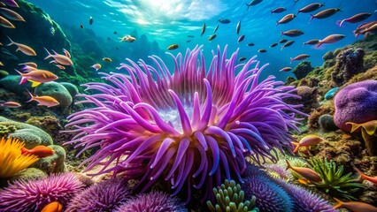 Obraz premium Vibrant purple sea anemone with tentacles swaying gently amidst a colorful coral reef, surrounded by seaweed and schools of small fish in turquoise water.