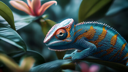Chameleon morphing into colorful patterns in a rainforest.