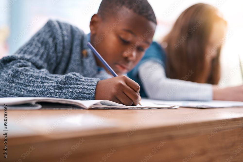 Poster Desk, writing and boy in classroom for lesson in growth, child development and notebook for education. Problem solving, learning and students with exam notes, knowledge and study at elementary school