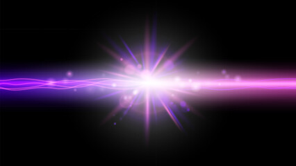 Futuristic lighting effect.Horizontal neon glowing laser lines with flash of light glowing star.Abstract laser beams of light.Neon Light flash strip for modern design.Vector illustration
