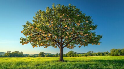 A large tree with coins as leaves, growing in a bright green field under a clear blue sky Wide-angle shot emphasizes the abundance and wealth represented by the flourishing tree