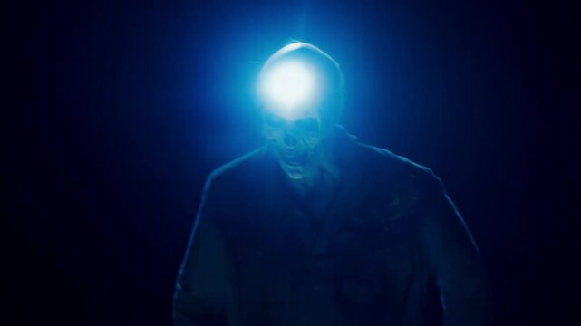 Zombie with head-light moving in the darkness