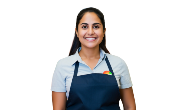 Smiling hispanic female supermarket worker on transparent background PNG. 

