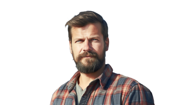 Portrait bearded man in checkered shirt on transparent background PNG. 

