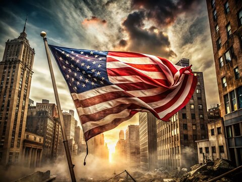 A dramatic close-up of a worn American flag waving in the wind, set against a gritty urban backdrop