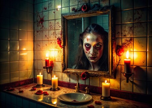 A eerie, dimly-lit bathroom mirror reflects a demonic, crimson-stained visage with piercing eyes, surrounded by broken