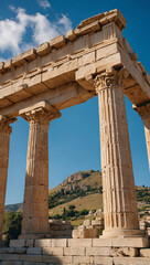 Obraz premium the timeless beauty of an ancient Greek temple with towering Doric columns, set against the backdrop of a clear blue sky and rolling hills
