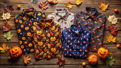 A festive assortment of spooky Halloween-themed button-down shirts featuring eerie designs, from jack-o'-lanterns to