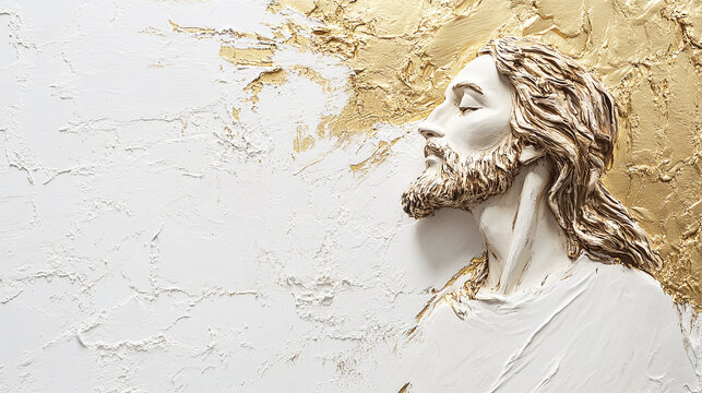 A modern, three-dimensional depiction of Jesus, using gold paint to symbolize divinity and glory. The wall-based format suggests a connection to iconography and mural traditions