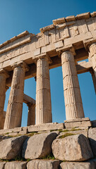 Obraz premium the timeless beauty of an ancient Greek temple with towering Doric columns, set against the backdrop of a clear blue sky and rolling hills