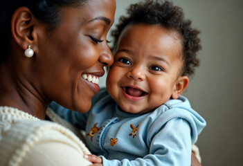 Smiling Mother Holding Happy Baby, close-up