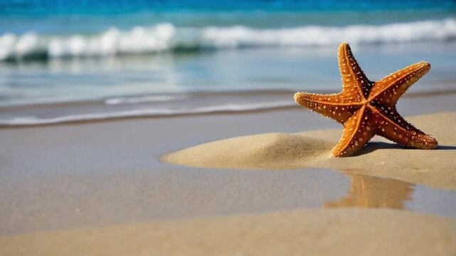 Red starfish on sand against background of sea