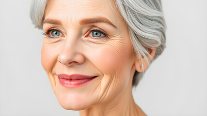Naklejka premium Portrait of happy mature model. Beautiful 50s mid aged mature woman isolated on white background. Skin care beauty, skincare cosmetics concept. Attractive smiling senior woman portrait. AI generated