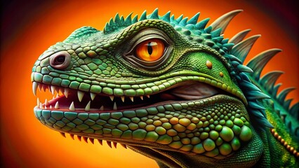 Naklejka premium A fierce, scaly, green reptile head with sharp teeth and piercing eyes, set against a bold, orange background,