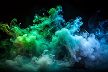 Mysterious dark backdrop featuring swirling clouds of green and blue smoke on a black isolated background, evoking a sense of eerie mystique and suspenseful atmosphere.
