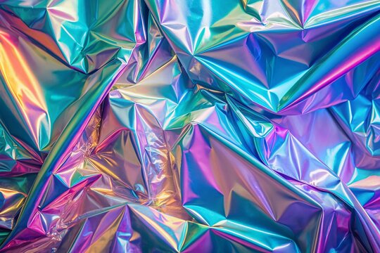 Vibrant holographic abstract pastel colors backdrop featuring iridescent gradient neon hues, foil effect, and psychedelic rainbow graphic, evoking 80s and 90s nostalgic trends.