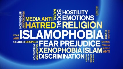 islamophobia animated word cloud;text design animation tag kinetic typography seamless loop.