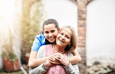 Fototapeta premium Support, hug and portrait with nurse and old woman in garden for caregiver, occupational therapy and patient. Helping others, volunteer and healthcare with people in retirement home for medicine