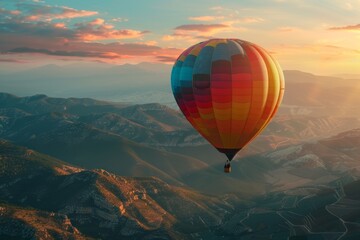 Obraz premium A colorful hot air balloon glides over mountains during a vibrant sunset with stunning clouds in the sky