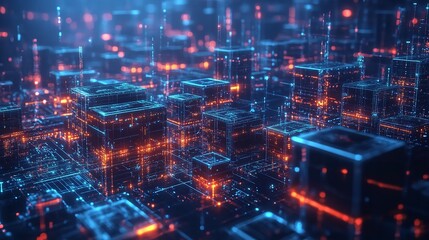 Fototapeta premium Abstract background with light trails on a dark blue and orange glowing futuristic city.