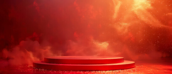 Red shimmering podium, stage, pedestal with golden shimmer, dramatic lightning, steam effect, spotlight. Luxury display for product presentation. Red mockup for celebrating. Generative ai