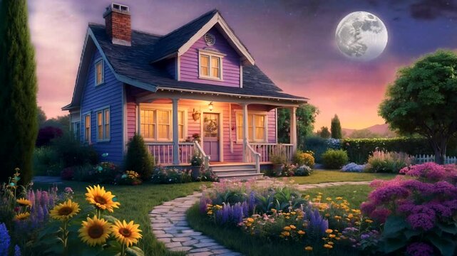 View of a house and full moon. watercolor painting.  4k quality looped background video