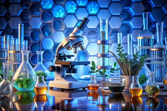 A futuristic research laboratory scene featuring a microscope, petri dishes, and various scientific equipment,