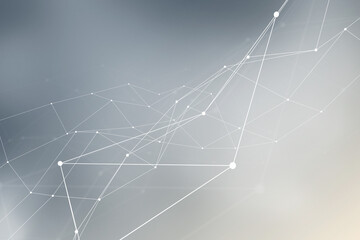 An abstract background of a technological grid with a complex structure of connected dots and polygon lines, suitable for data network themes