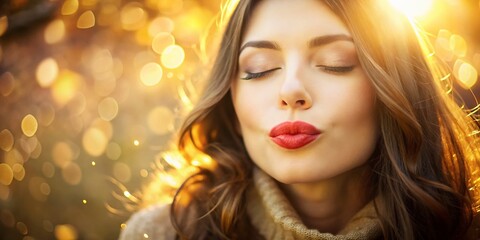 A gentle, blissful woman with closed eyes and smiling lips blows a tender kiss, surrounded by soft, warm