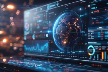 Obraz premium Advanced data visualization on a futuristic interface showcasing a glowing Earth and dynamic analytics in a tech-focused setting
