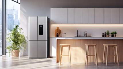 A minimalist kitchen with a smart fridge and touchless technology, in a Scandinavian style
