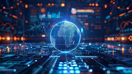 A futuristic digital world map with glowing circuit patterns displayed against a dark, high-tech background