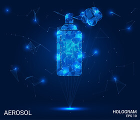 Hologram aerosol. Aerosol made of polygons, triangles, dots, and lines. Low-poly aerosol structure of connections. Technology concept vector.