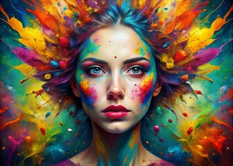 Vibrant abstract portrait of a woman's face transformed into a kaleidoscope of colorful paint swirls, splatters, and strokes, evoking creativity and artistic expression.