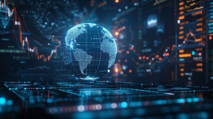 A digital representation of the Earth surrounded by data visuals and graphs in a futuristic financial setting at night