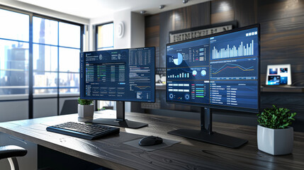 A modern digital workspace setup featuring dual monitors displaying data analytics and graphs, perfect for productivity and organization.