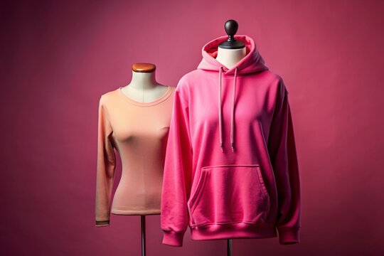Vibrant pink hoodie hangs from a trendy mannequin or dress form, symbolizing confidence and self-love, against a simple, monochromatic studio background.