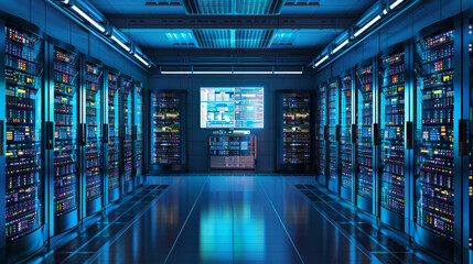 A high tech server room filled with blinking servers and illuminated screens, showcasing advanced technology and modern design.
