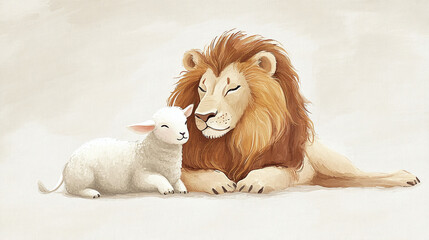 Obraz premium depicting a lion and a lamb, symbolizing peace and harmony, often associated with biblical imagery