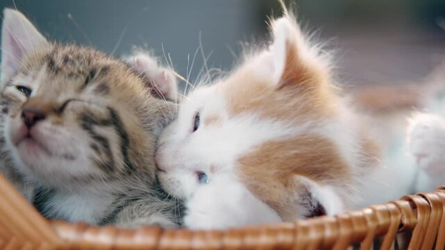 Cute fluffy kittens are playing lying in a wicker basket.