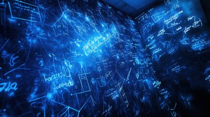 Abstract Blue Wall with Scientific Formulas and Equations