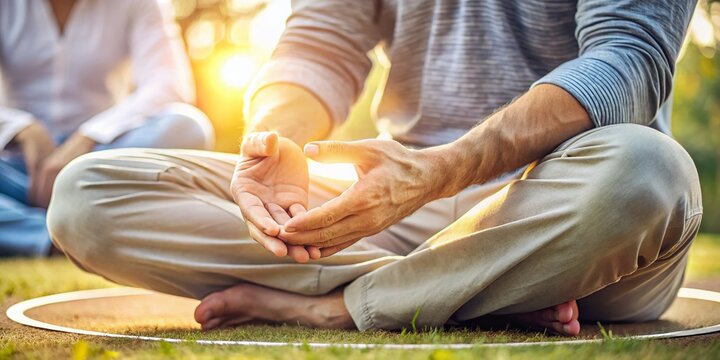 A hand peacefully resting on the knee, with the index finger and thumb forming a circle, symbolizing spiritual