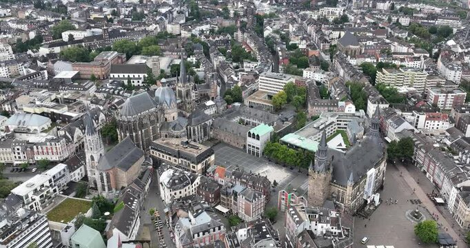 City overview over Aachen, Germany. Historic city center.