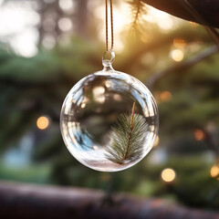 Christmas ball ornament. Christmas decoration glossy transparent glass sphere hanging from top with blurred Christmas tree background.