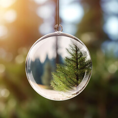 Christmas ball ornament. Christmas decoration glossy transparent glass sphere hanging from top with blurred Christmas tree background.
