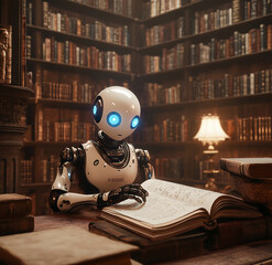 Glowing-eyed robot writing with quill in a library filled with books.